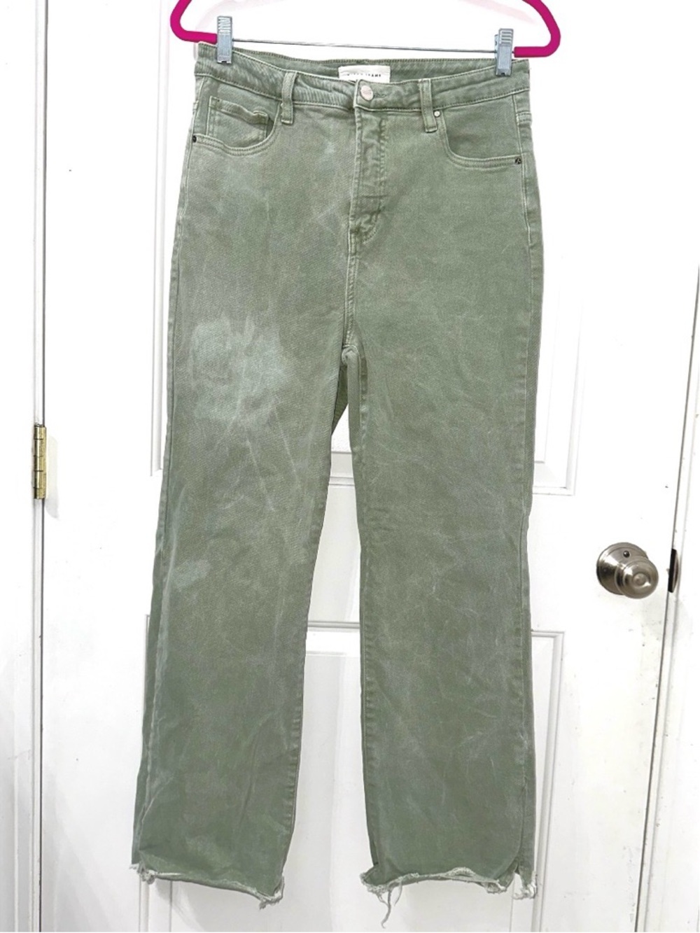 Risen Jeans Women's High Waisted Green Raw Hem Straight Leg Jeans with Pockets